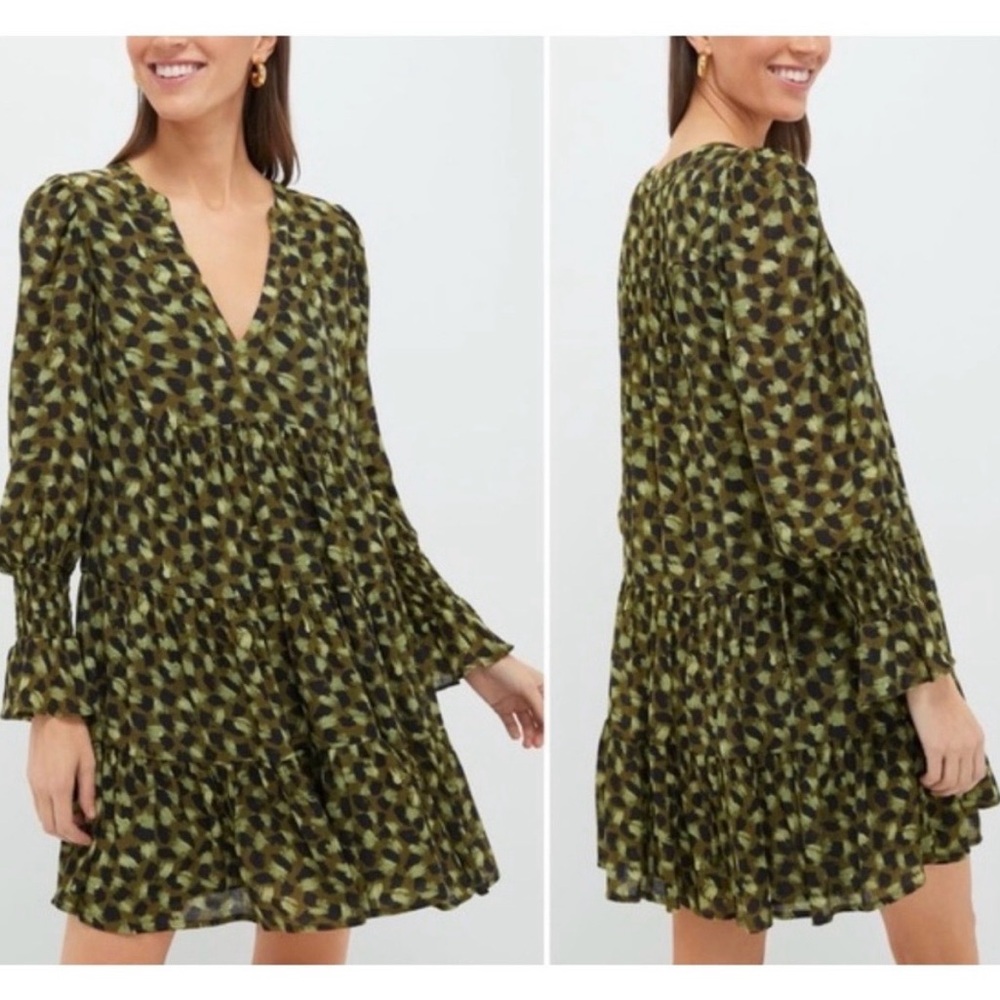 NWT Tuckernuck Pomander Place Green Brushed Geo Kenzo Tiered Mini Dress sz XS